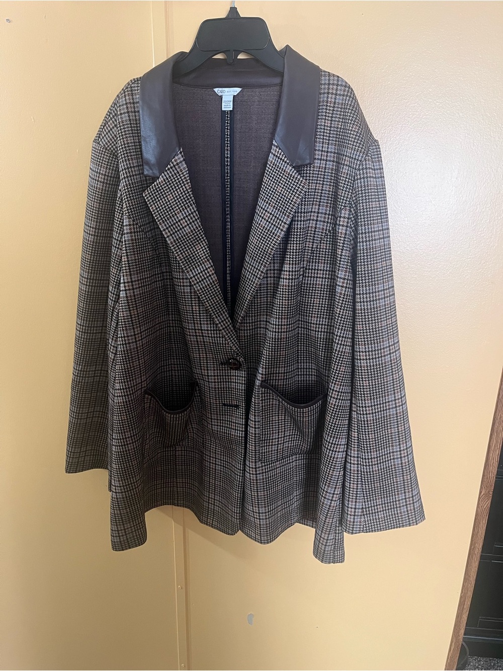 Cato Brown and Black Checked Blazer with Faux Leather Collar